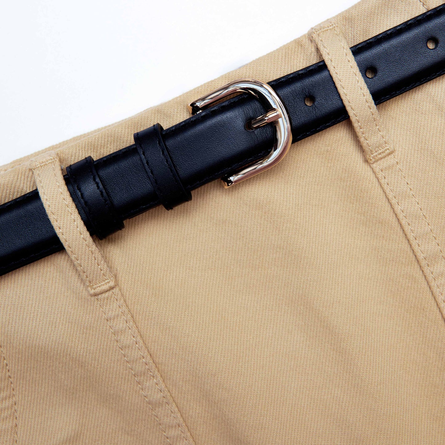 Beige Denim Belted Mini Skirt