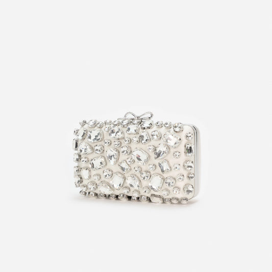 Cream Satin Crystal Clutch Bag