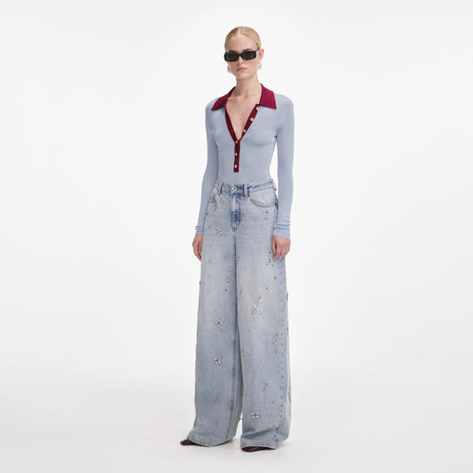 Blue Viscose Knit Bodysuit