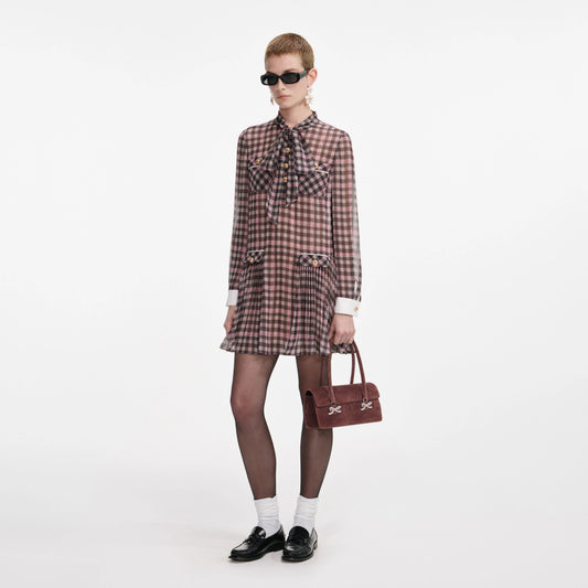 Brown Check Chiffon Mini Dress