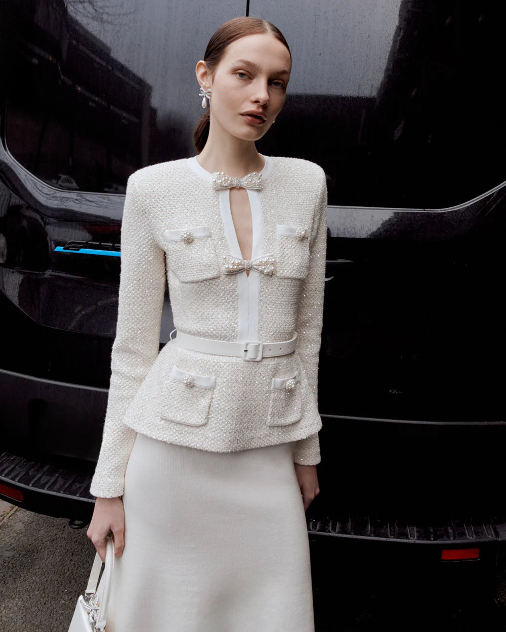 Cream Sequin Knit Tailored Midi Dress