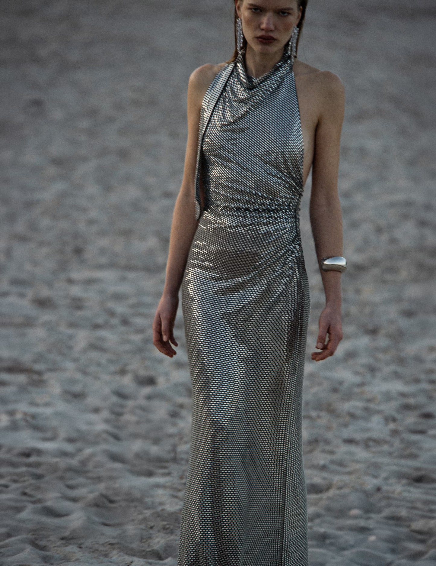 Grey Rhinestone Drape Maxi Dress