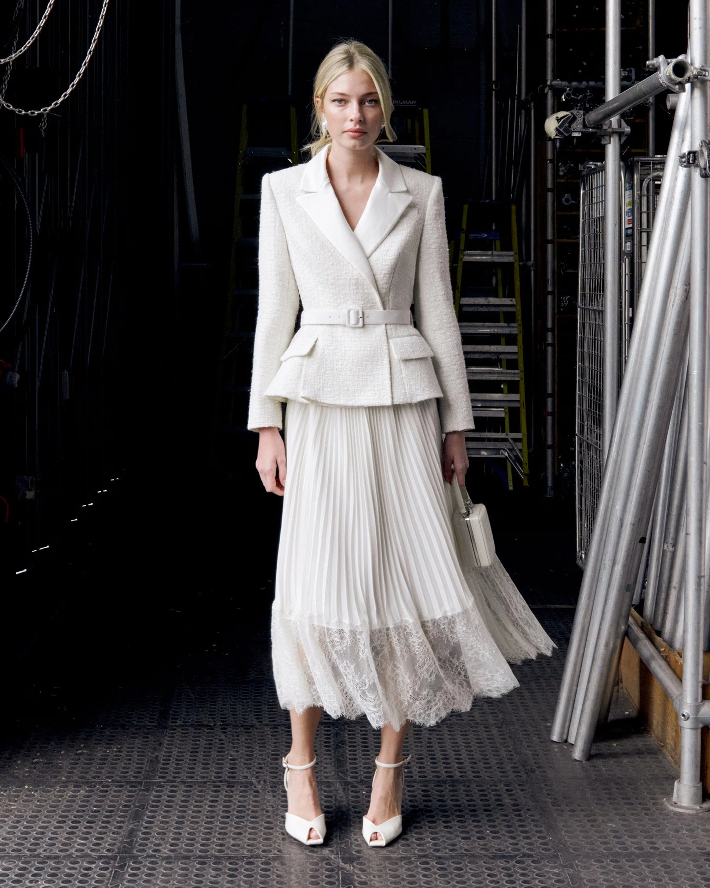Cream Tailored Boucl¨¦ And Chiffon Midi Dress