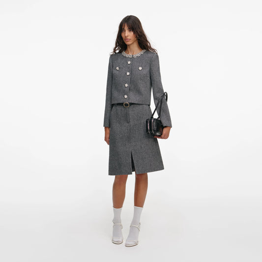 Grey Herringbone Crystal Trim Jacket
