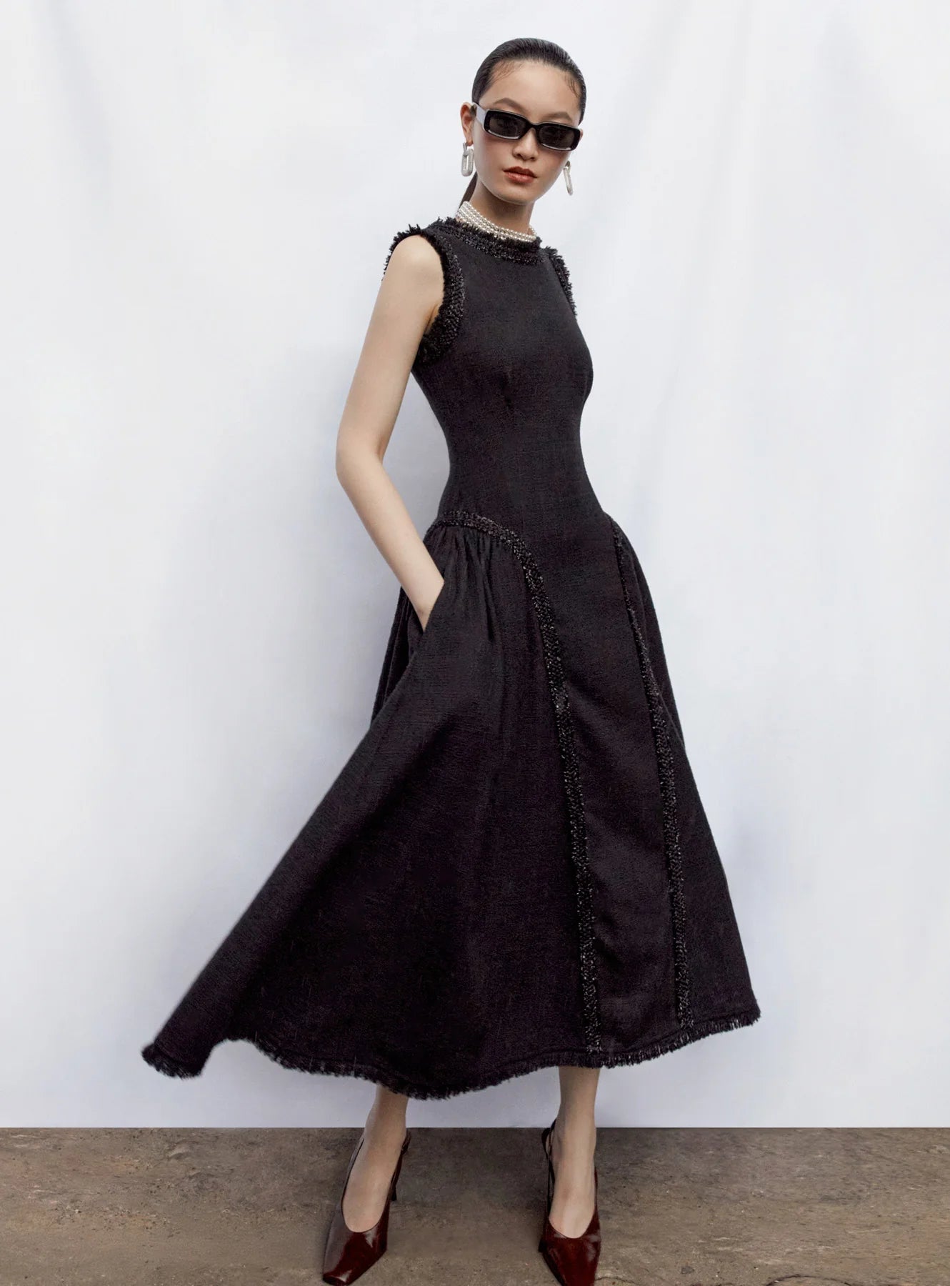 Black Boucle Sleeveless Midi Dress