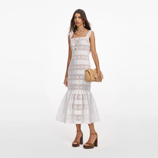 White Cotton Embroidered Midi Dress