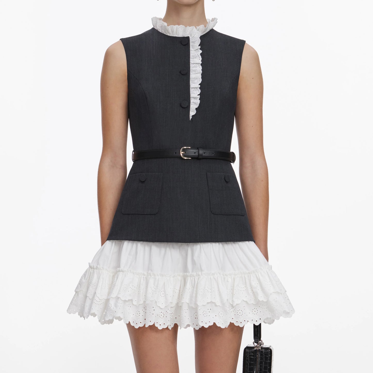 Grey Tailored Cotton Frill Mini Dress