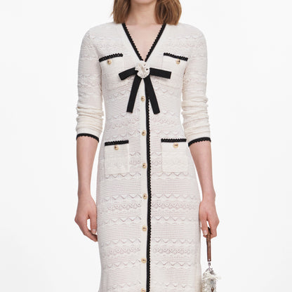 White Pointelle Knit Long Cardigan
