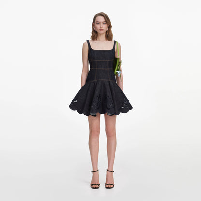 Indigo Denim Bow Embroidered Mini Dress