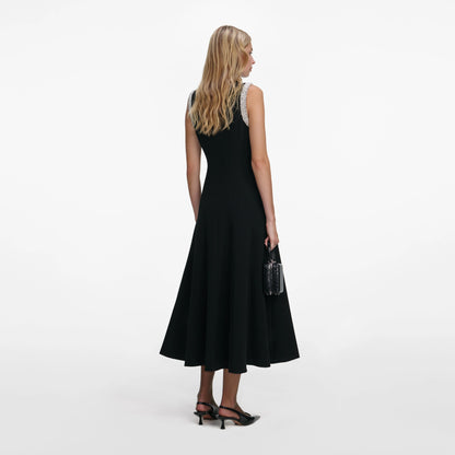 Black Crepe Pearl Trim Midi Dress