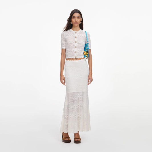 White Pointelle Knit Midi Skirt