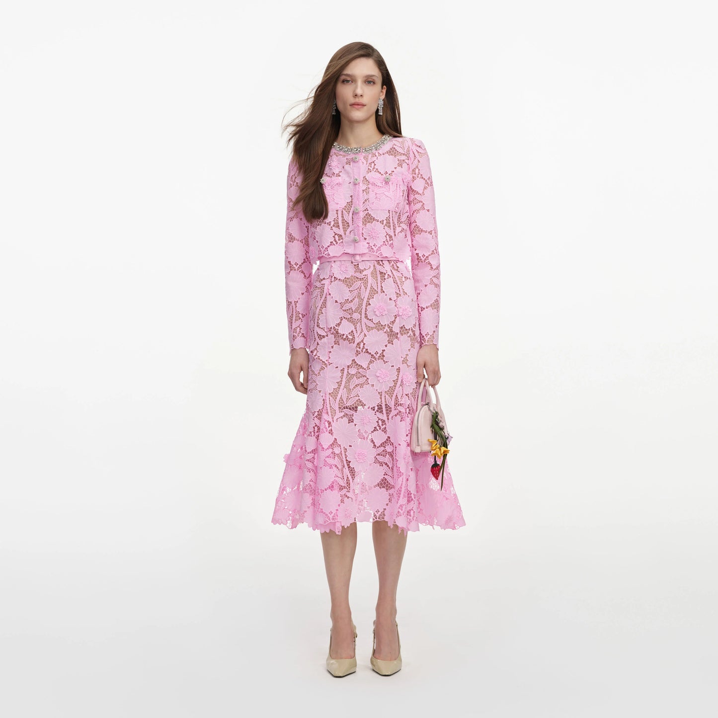 Pink Lace Crystal Embellished Midi Dress
