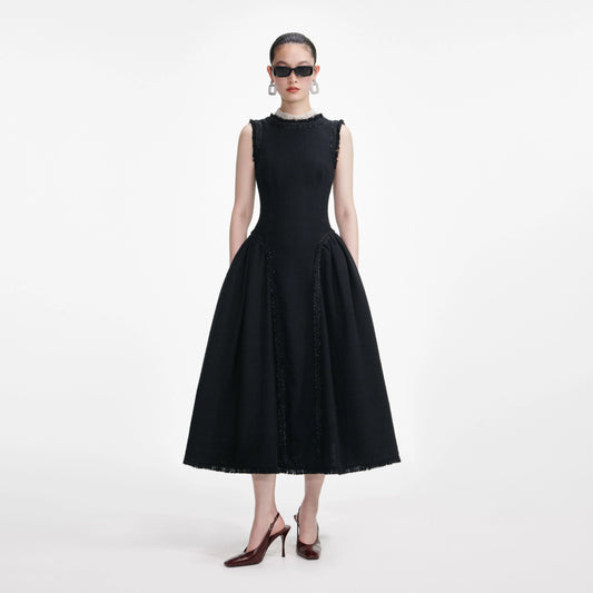 Black Boucle Sleeveless Midi Dress