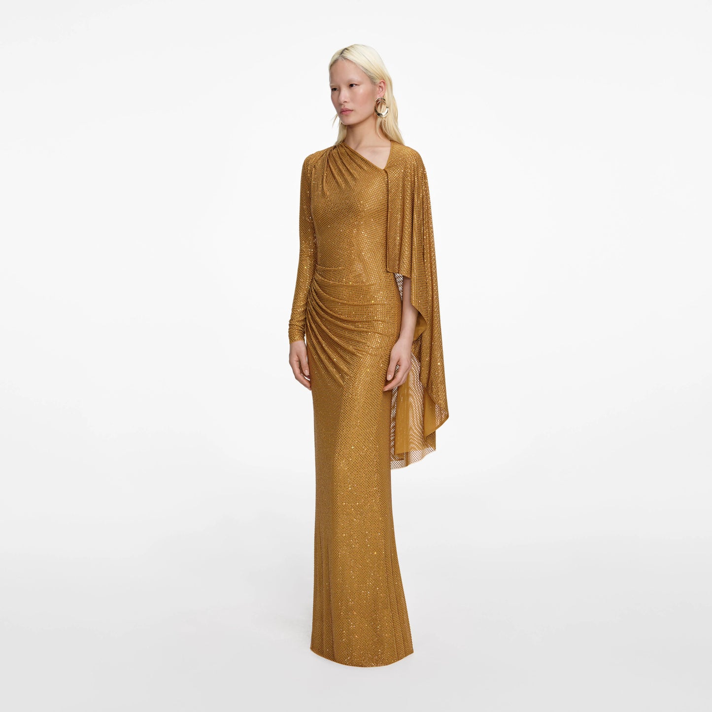 Gold Rhinestone Drape Maxi Dress
