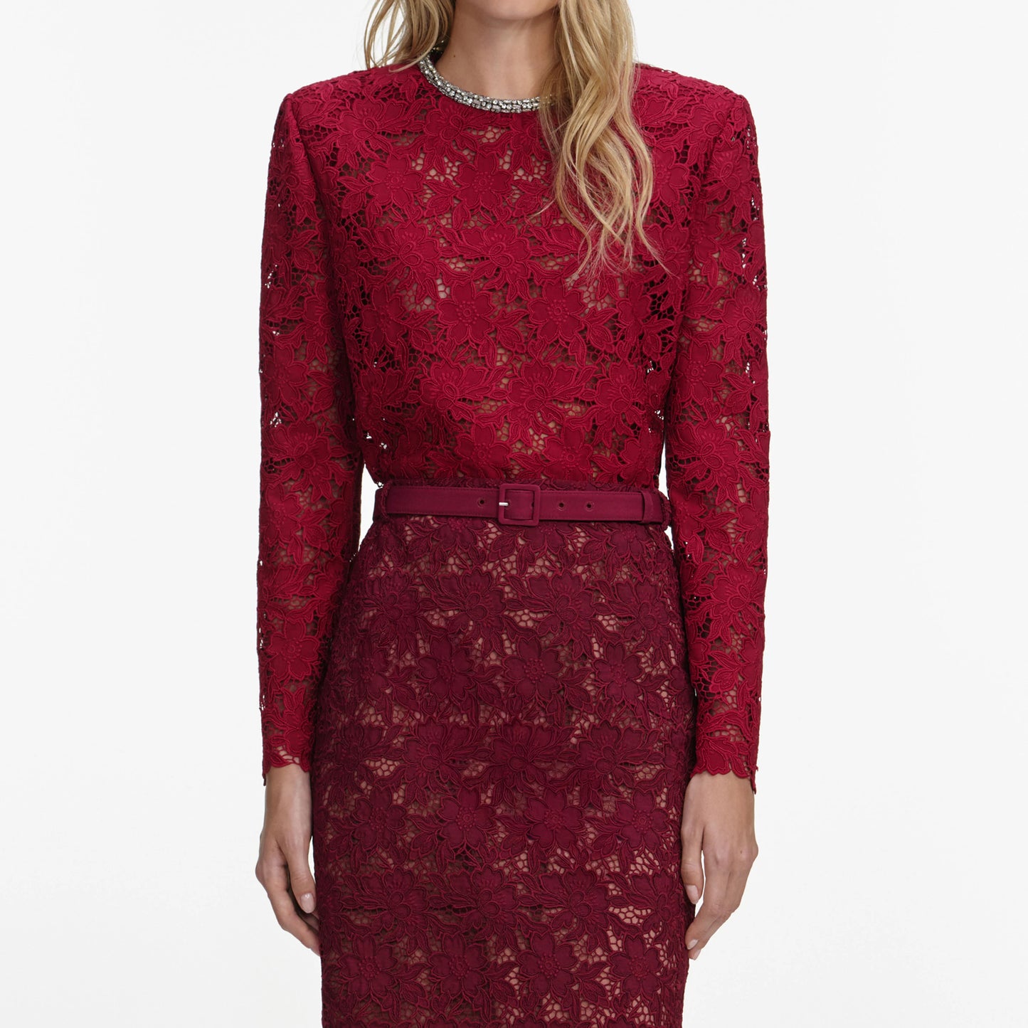 Burgundy Guipure Lace Midi Skirt