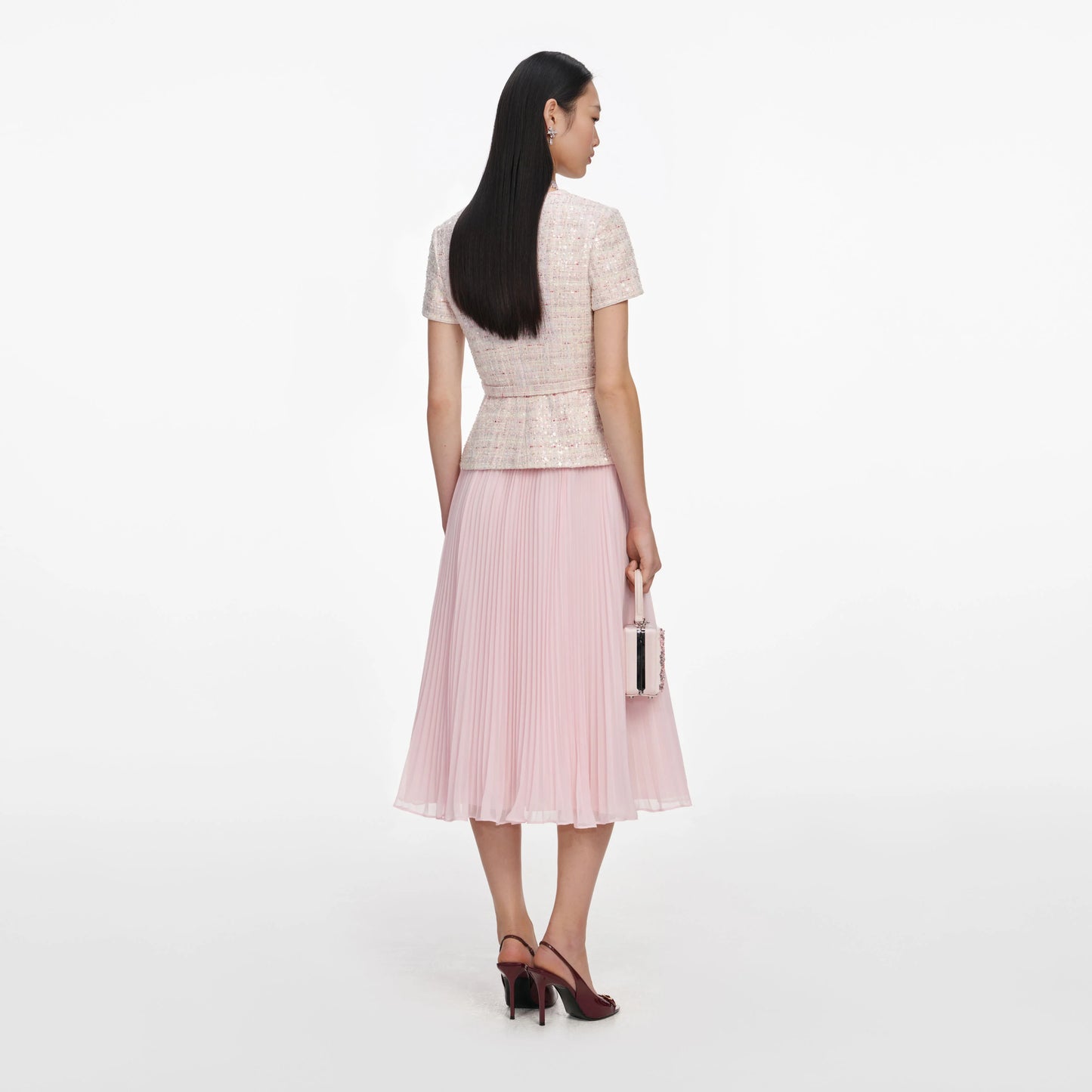 Pink Sequin Boucle Tailored Midi Dress
