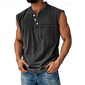 Men’s Acid Wash Cotton Tank – Sleeveless Henley with Pocket & Buttons