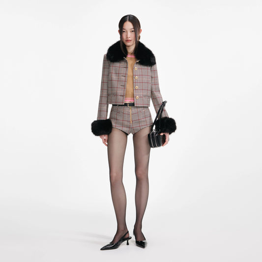 Brown Check Fur Cuff Jacket