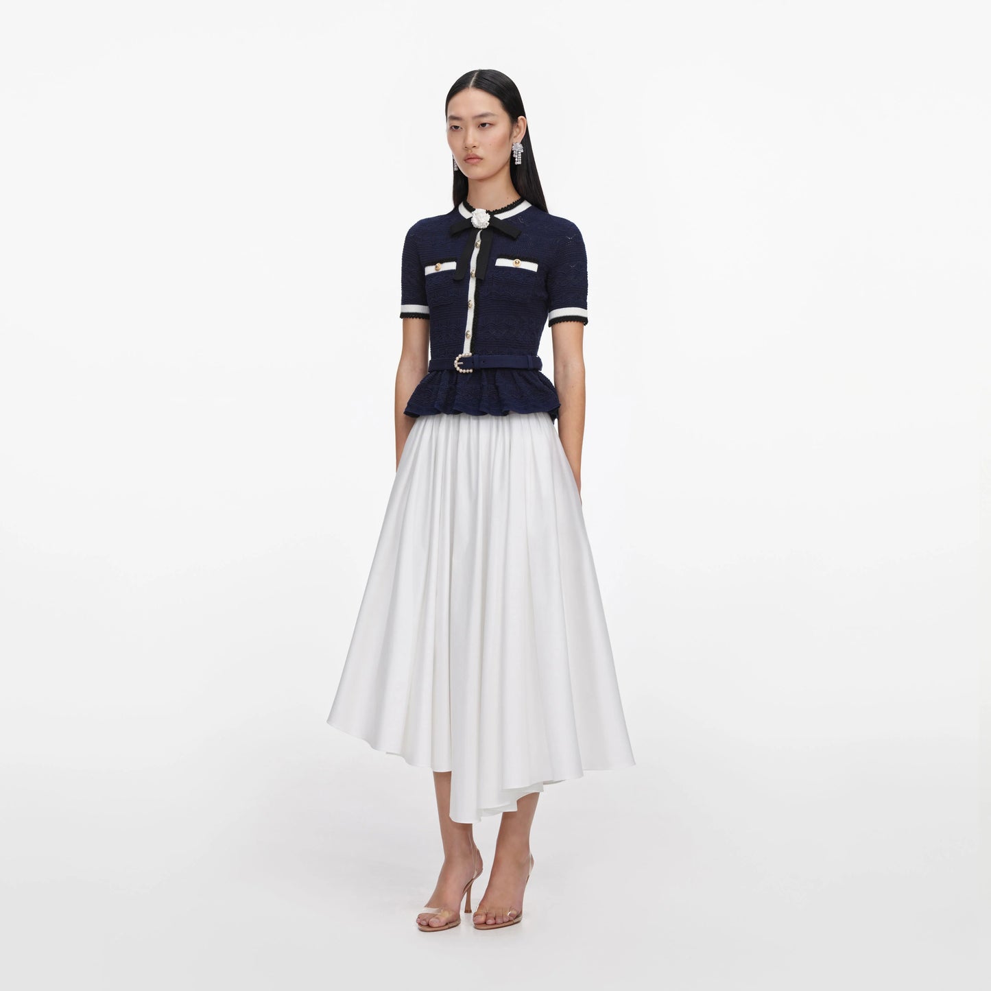 Navy Peplum Pointelle Knit Top