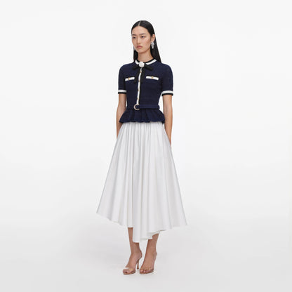 Navy Peplum Pointelle Knit Top