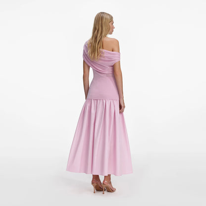 Pink Cotton Draped Knit Midi Dress