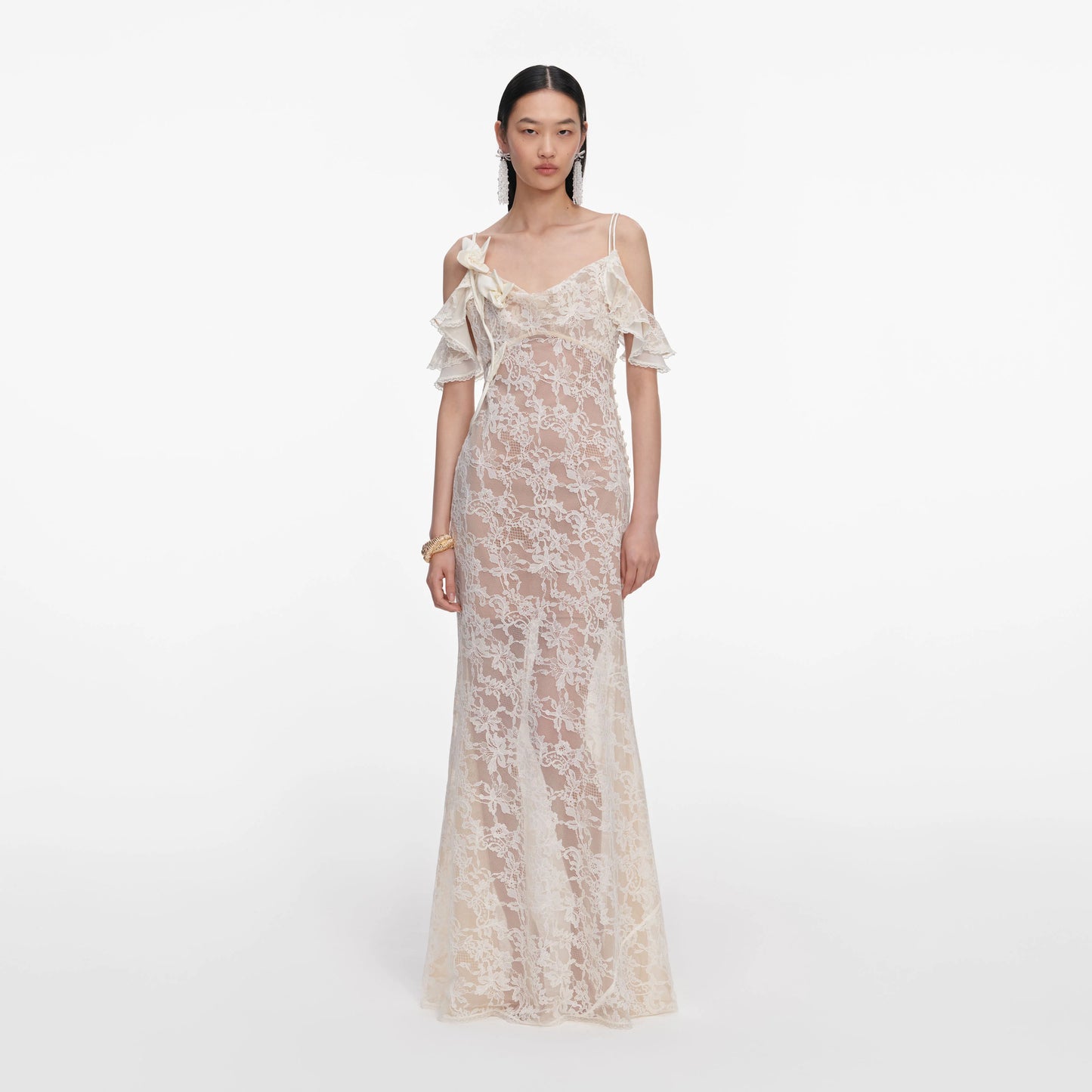 Cream Lace Flower Maxi Dress