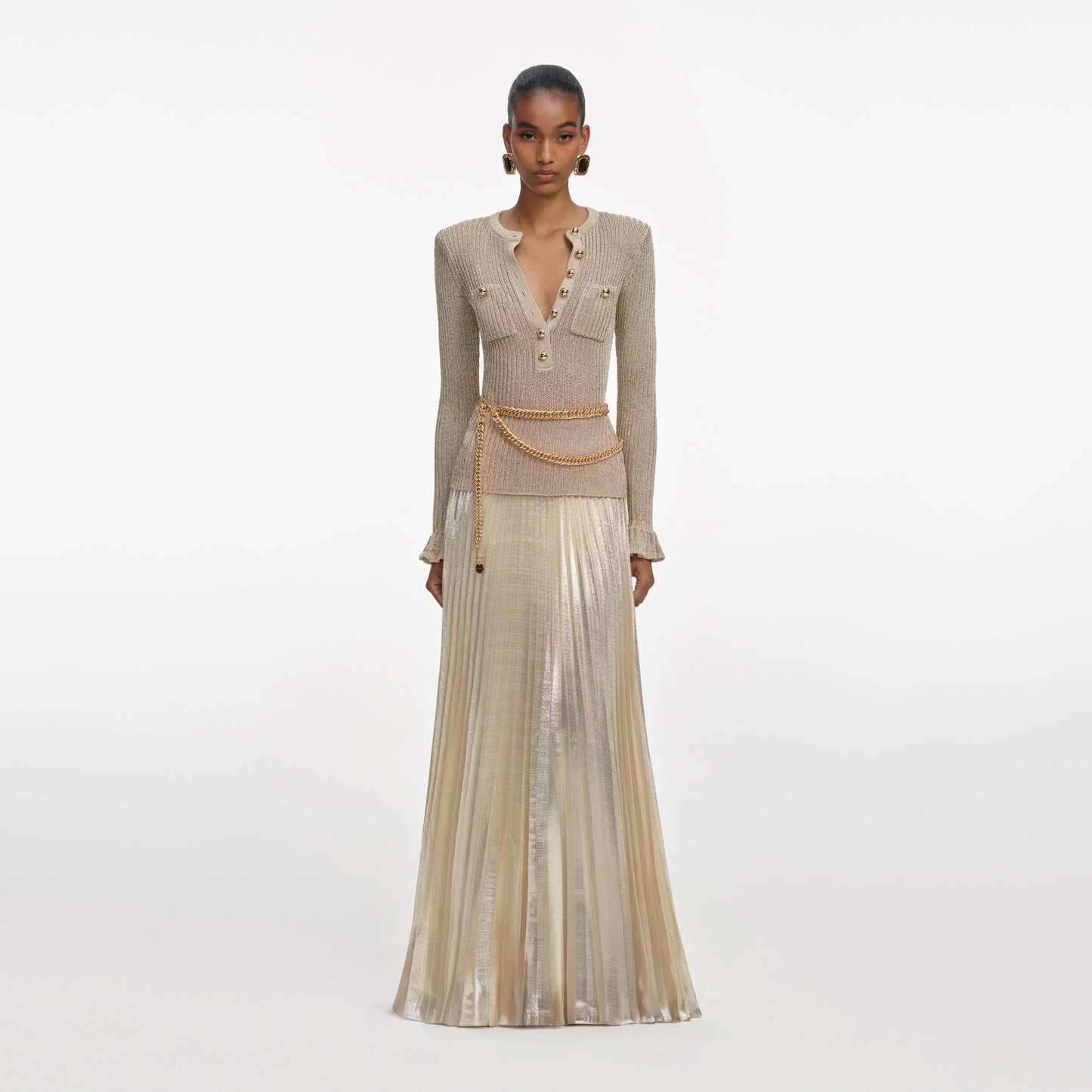 Gold Lurex Ribbed Knit Maxi Dress