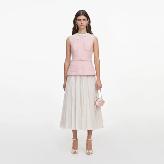 Pink Boucle Lace Collar Midi Dress