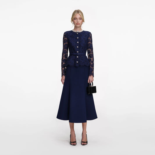 Navy Tailored Lace Midi Dress