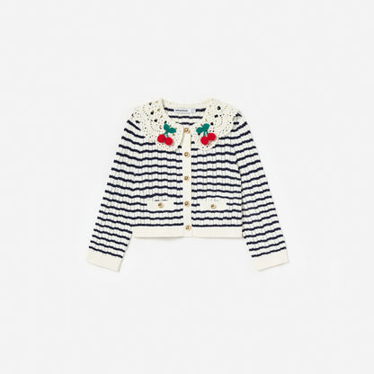 Cream And Navy Striped Knitted Cardigan