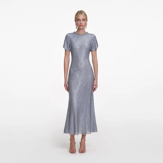 Blue Rhinestone Mesh Midi Dress