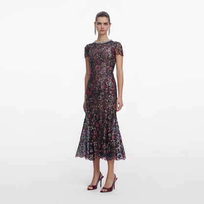 Navy Floral Sequin Midi Dress