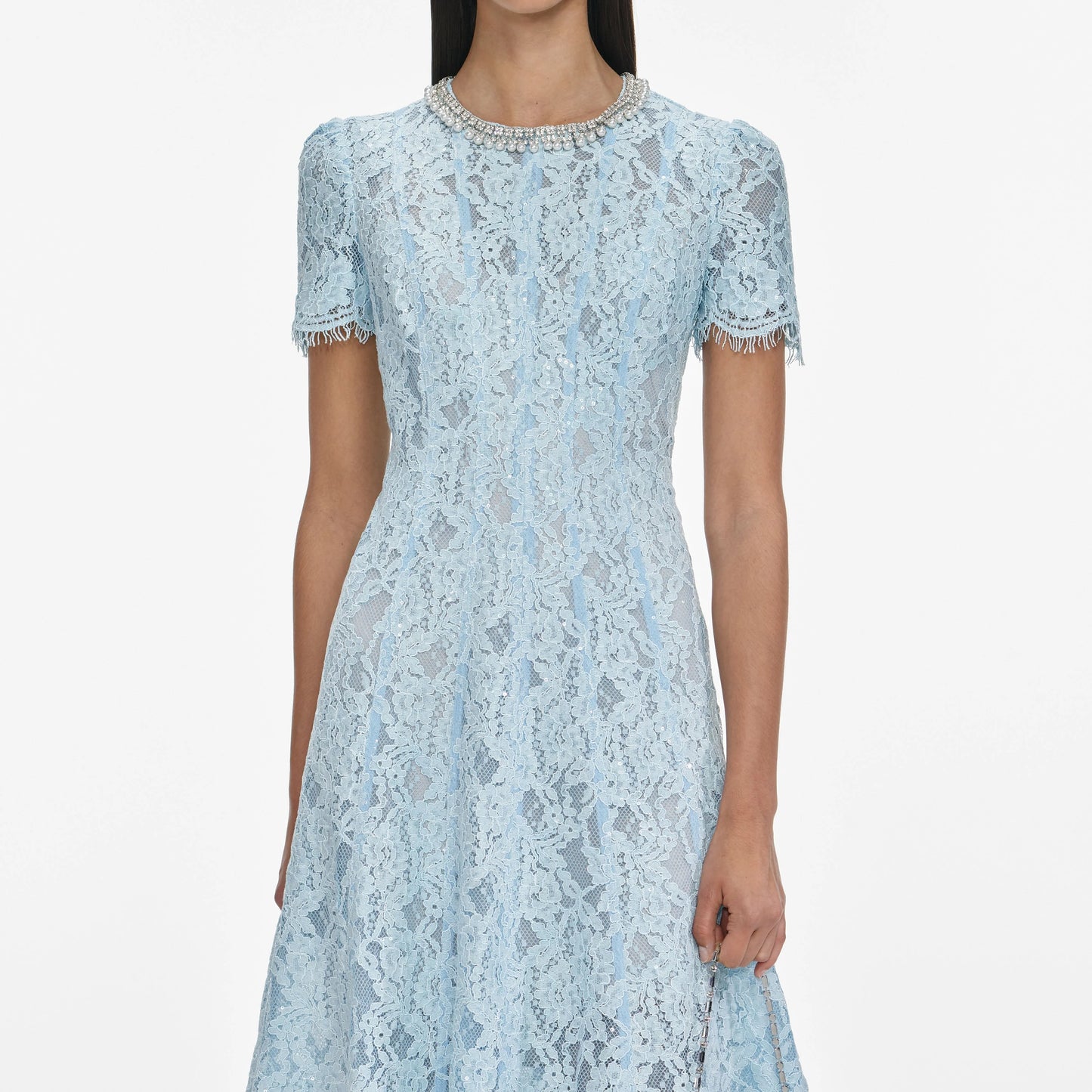 Blue Lace Embellished Midi Dress