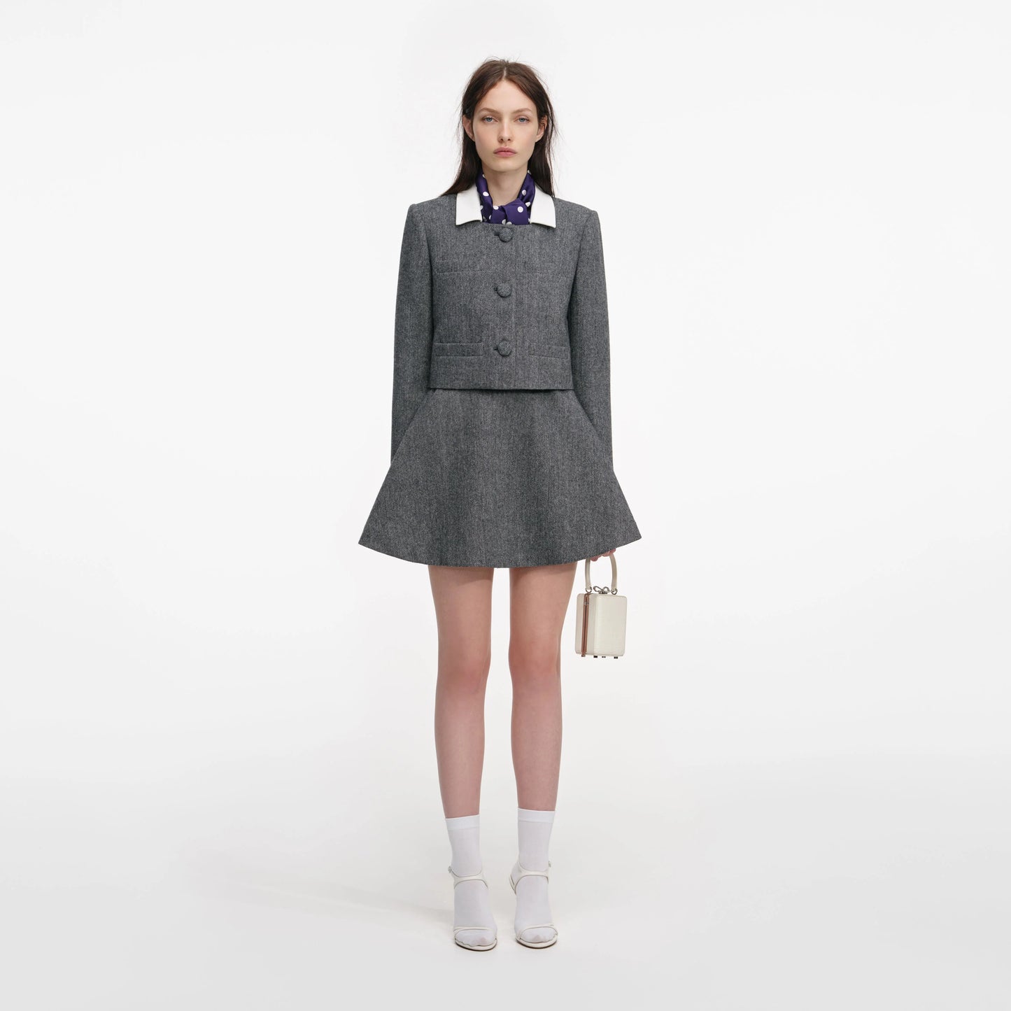 Grey Herringbone Scarf Detail Jacket