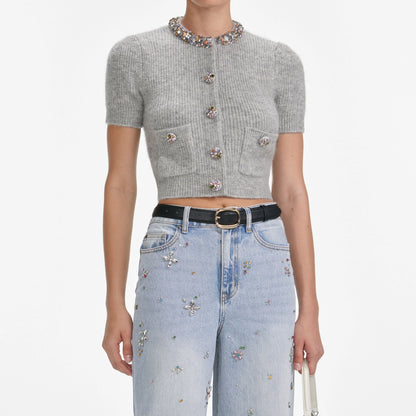 Grey Embellished Trim Knit Top
