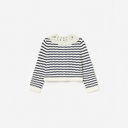 Cream And Navy Striped Knitted Cardigan