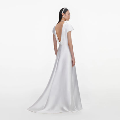 White Taffeta Collared Maxi Dress