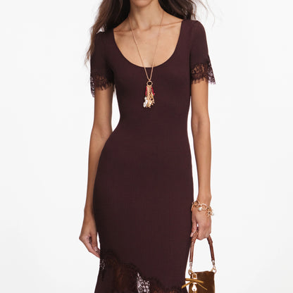 Brown Ribbed Knit Midi Dress