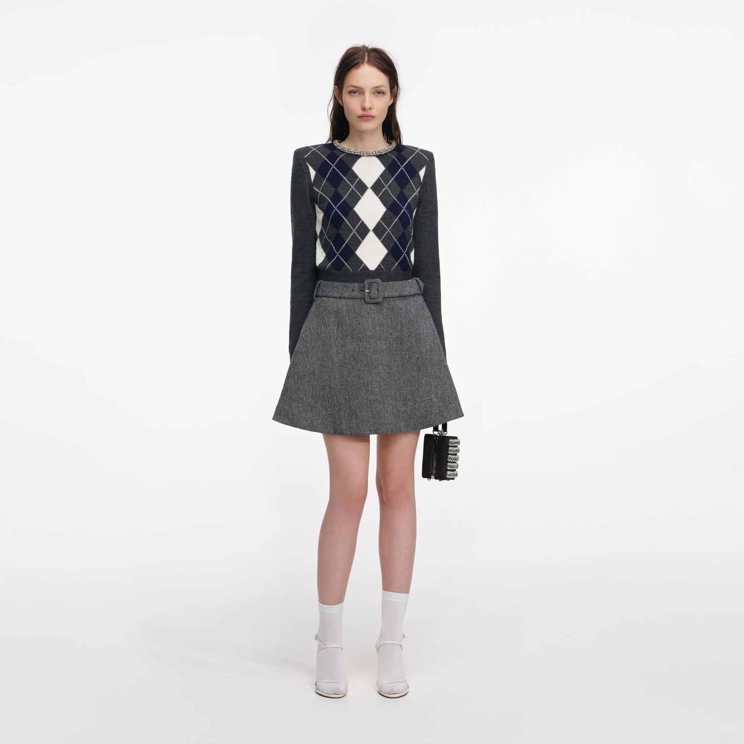 Grey Herringbone Flared Mini Skirt