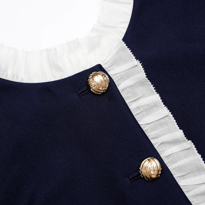 Navy Taffeta Contrast Frill Midi Dress