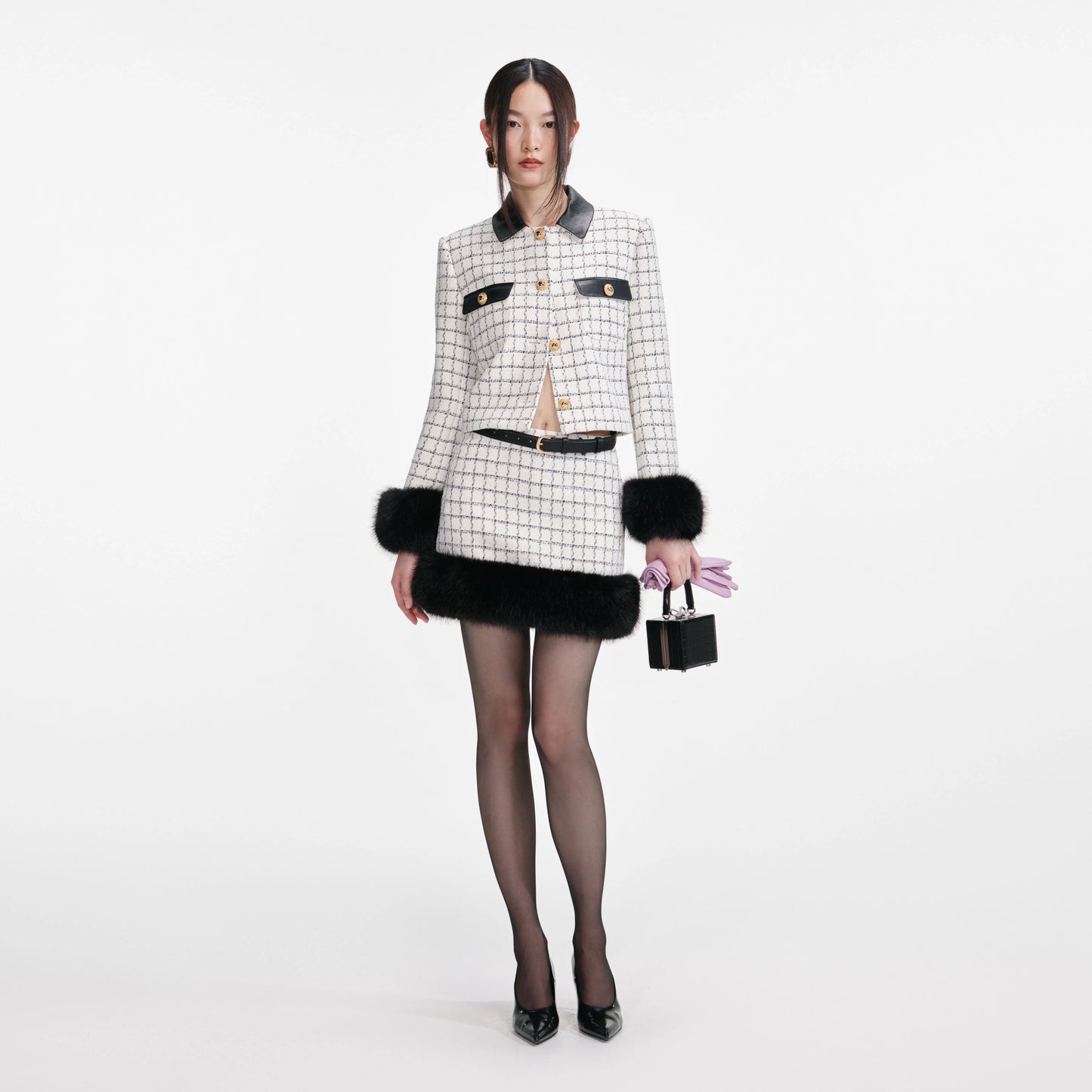 Check Boucle Fur Cuff Jacket