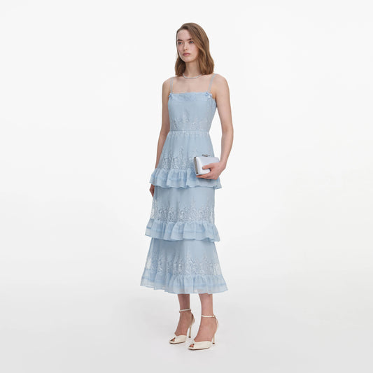 Blue Chiffon Lace Tiered Midi Dress