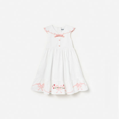 White Cotton Bow Embroidered Dress
