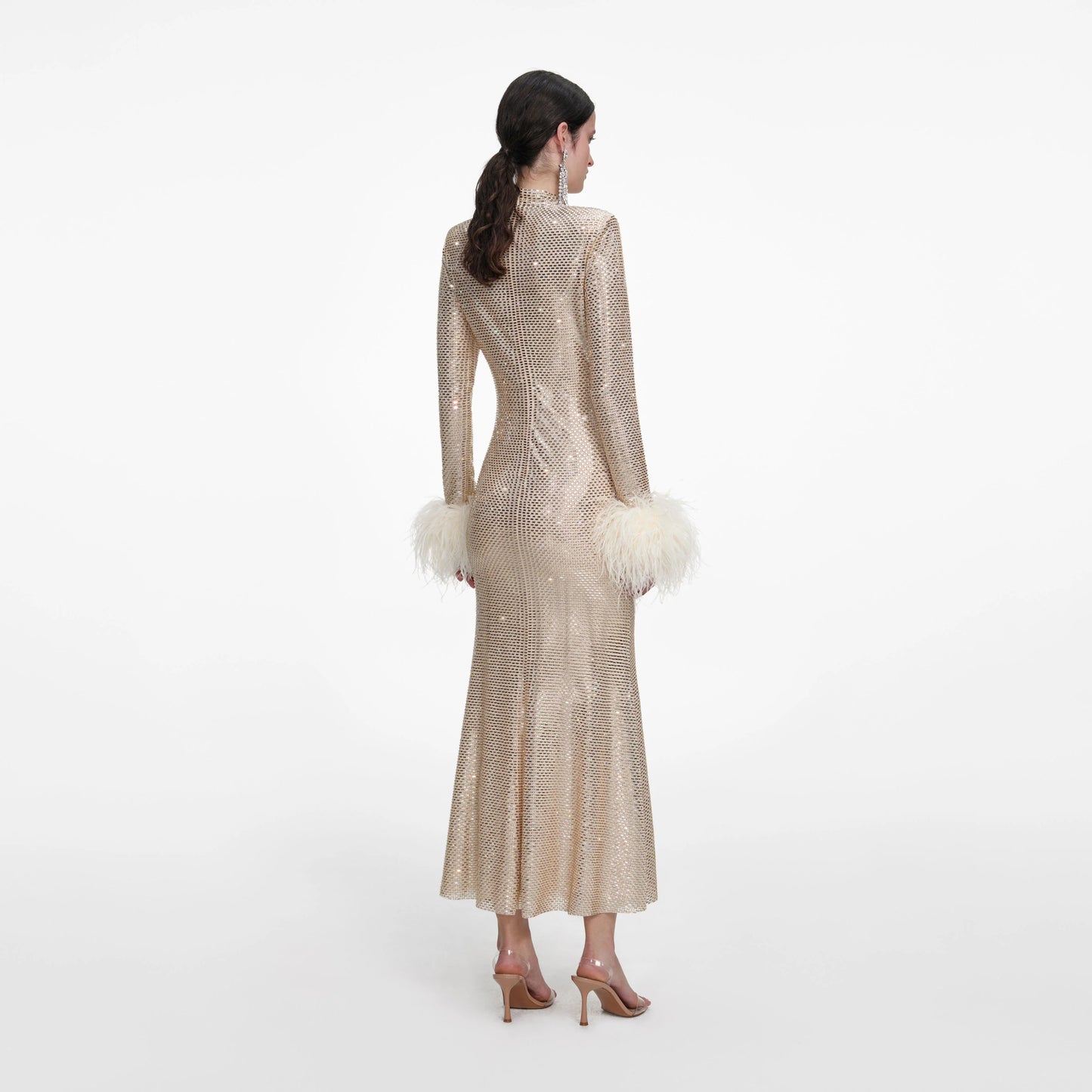 Champagne Rhinestone Feather Midi Dress