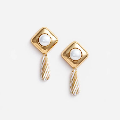 Gold Pearl Crystal Bar Earrings