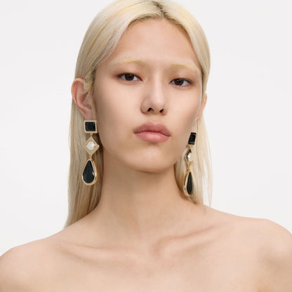 Black Enamel Gold Three Tiered Earrings