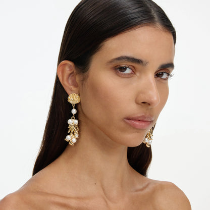 Gold Shell Pearl Coral Earrings