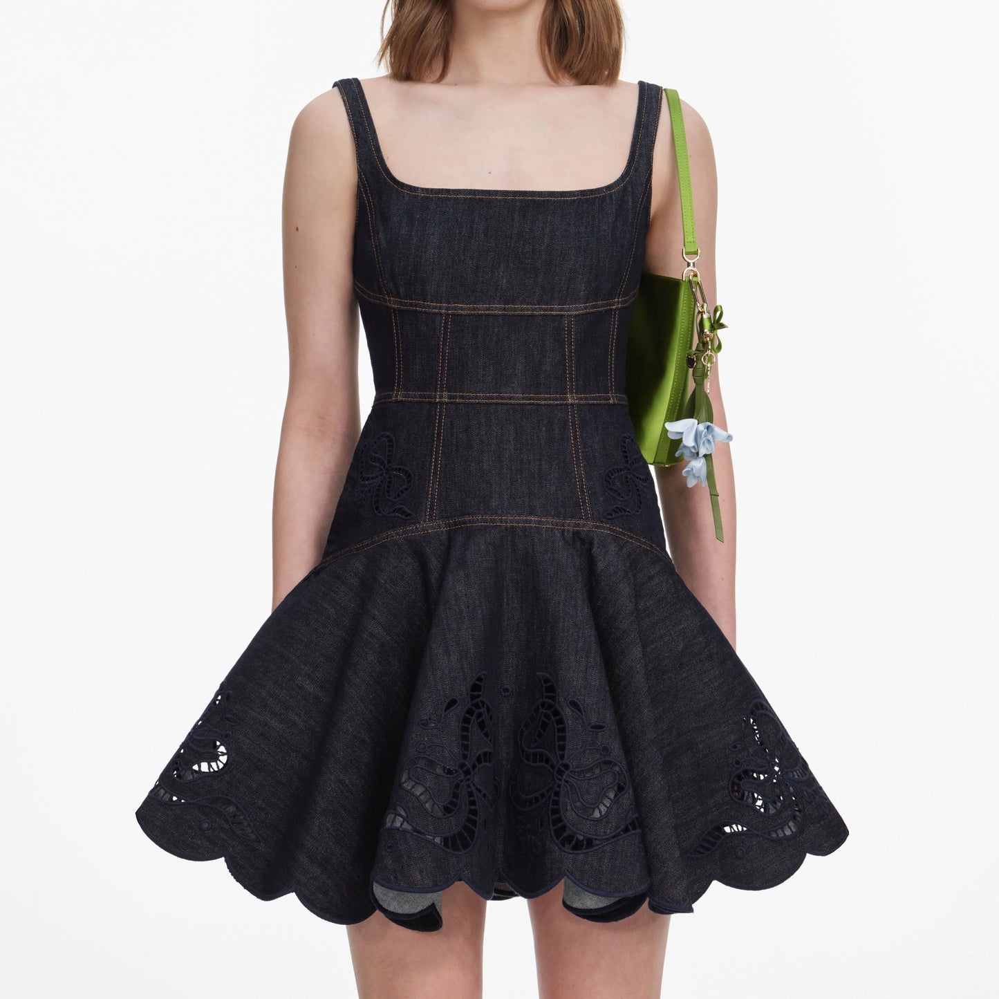 Indigo Denim Bow Embroidered Mini Dress