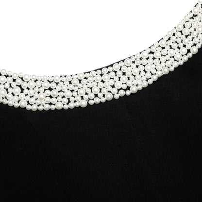 Black Crepe Pearl Trim Midi Dress