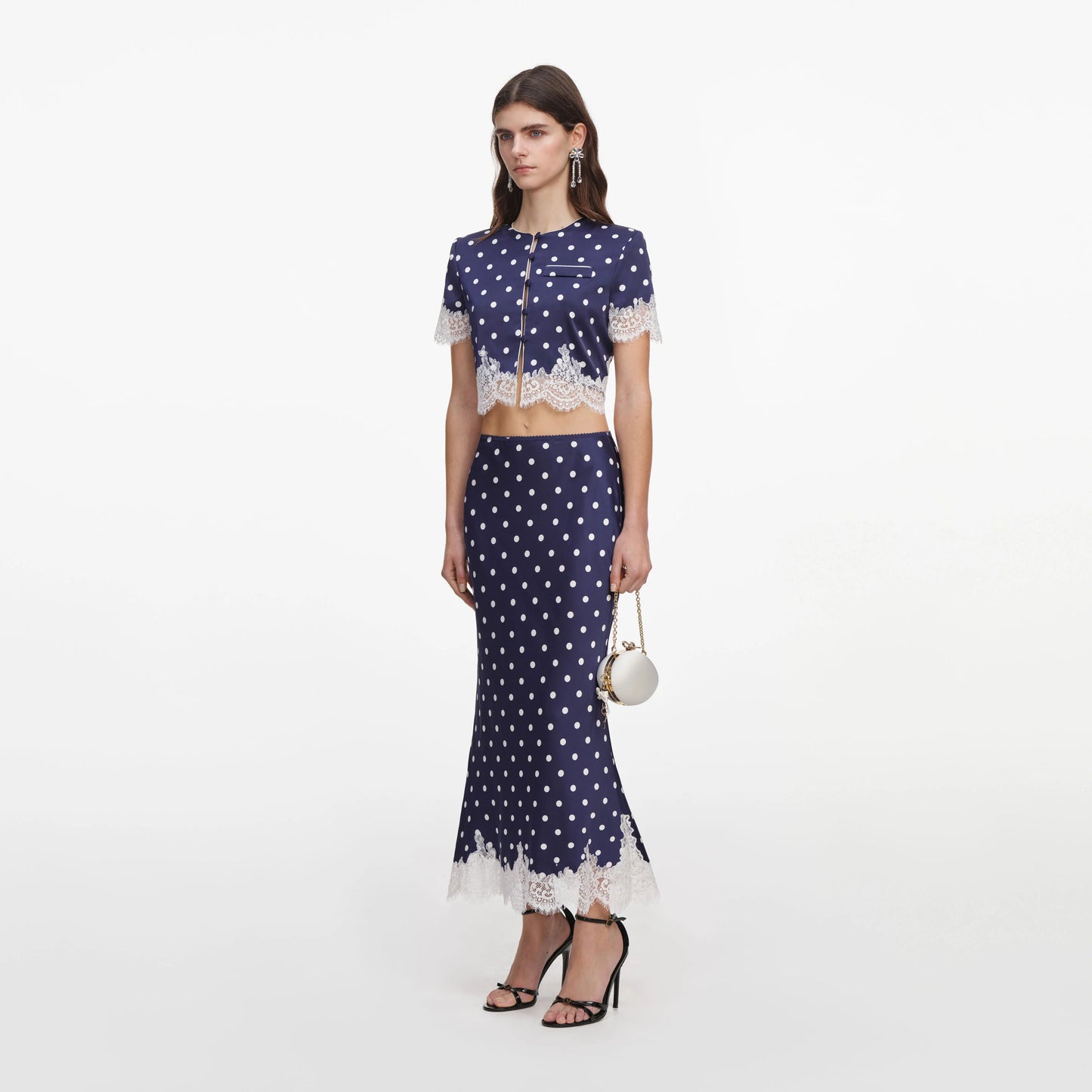 Navy Polka Dot Satin Midi Skirt